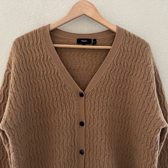 Theory Long Cable Knit Cardigan Sweater Large Camel Brown Wool Cashmere Minimal - Picture 6 of 11